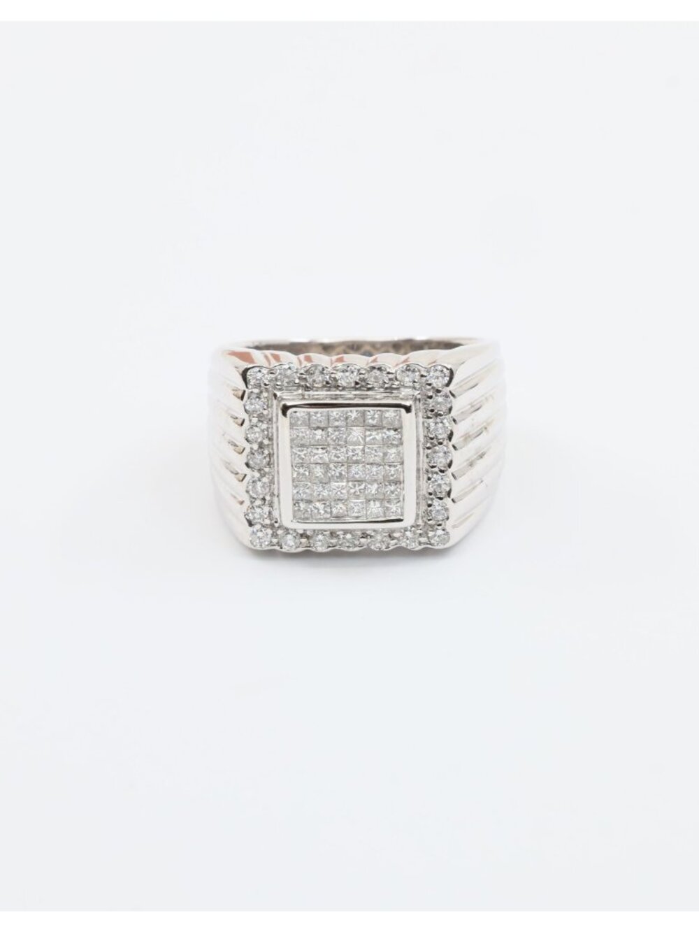 14K Solid White Gold Princess Cut Diamond Cluster Halo Men's Ring - Size 9.25